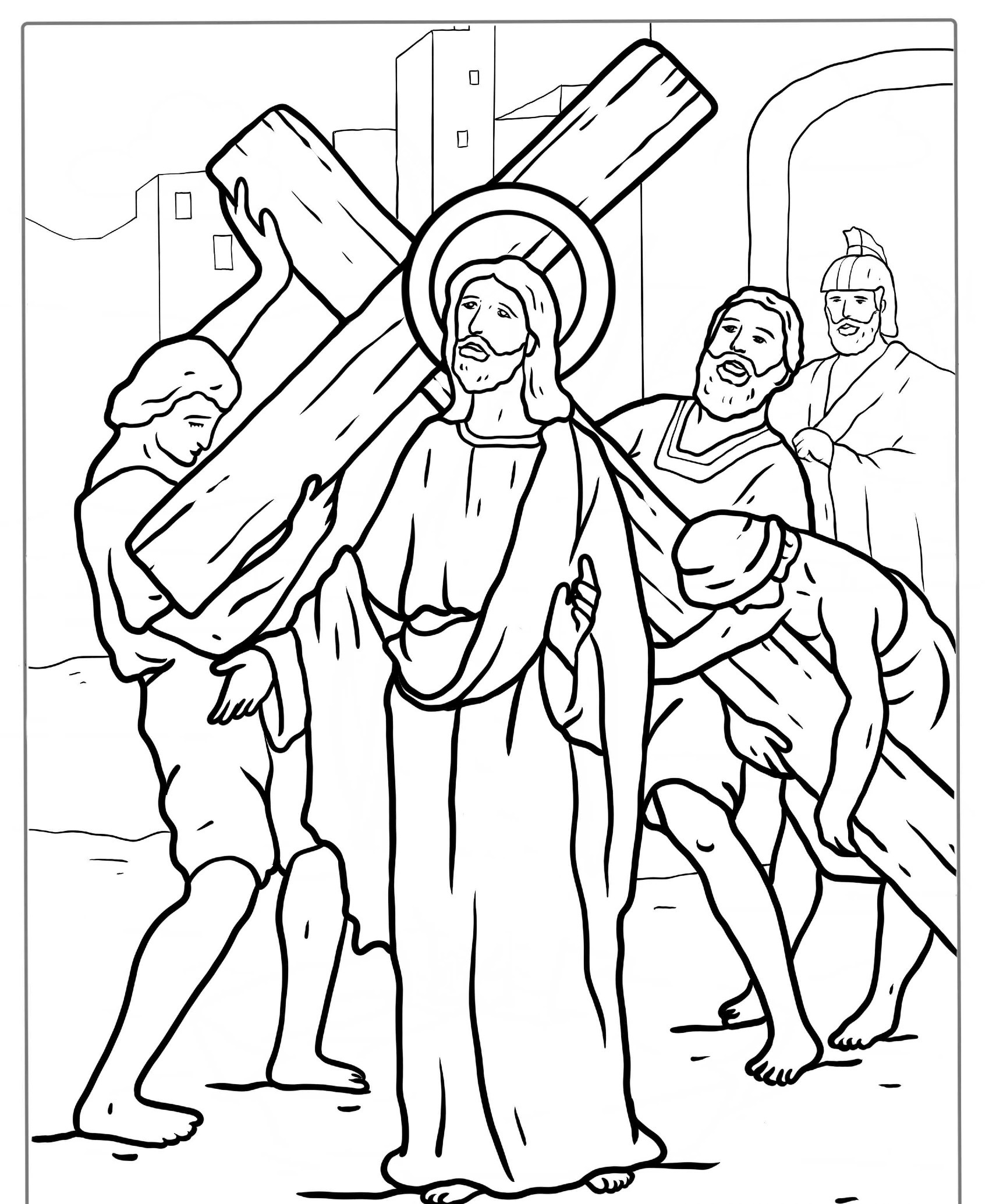 Jesus carregando a cruz, desenho para colorir, com quatro homens ajudando.