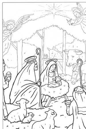 Natividade de Jesus com anjos e animais, desenho para colorir.