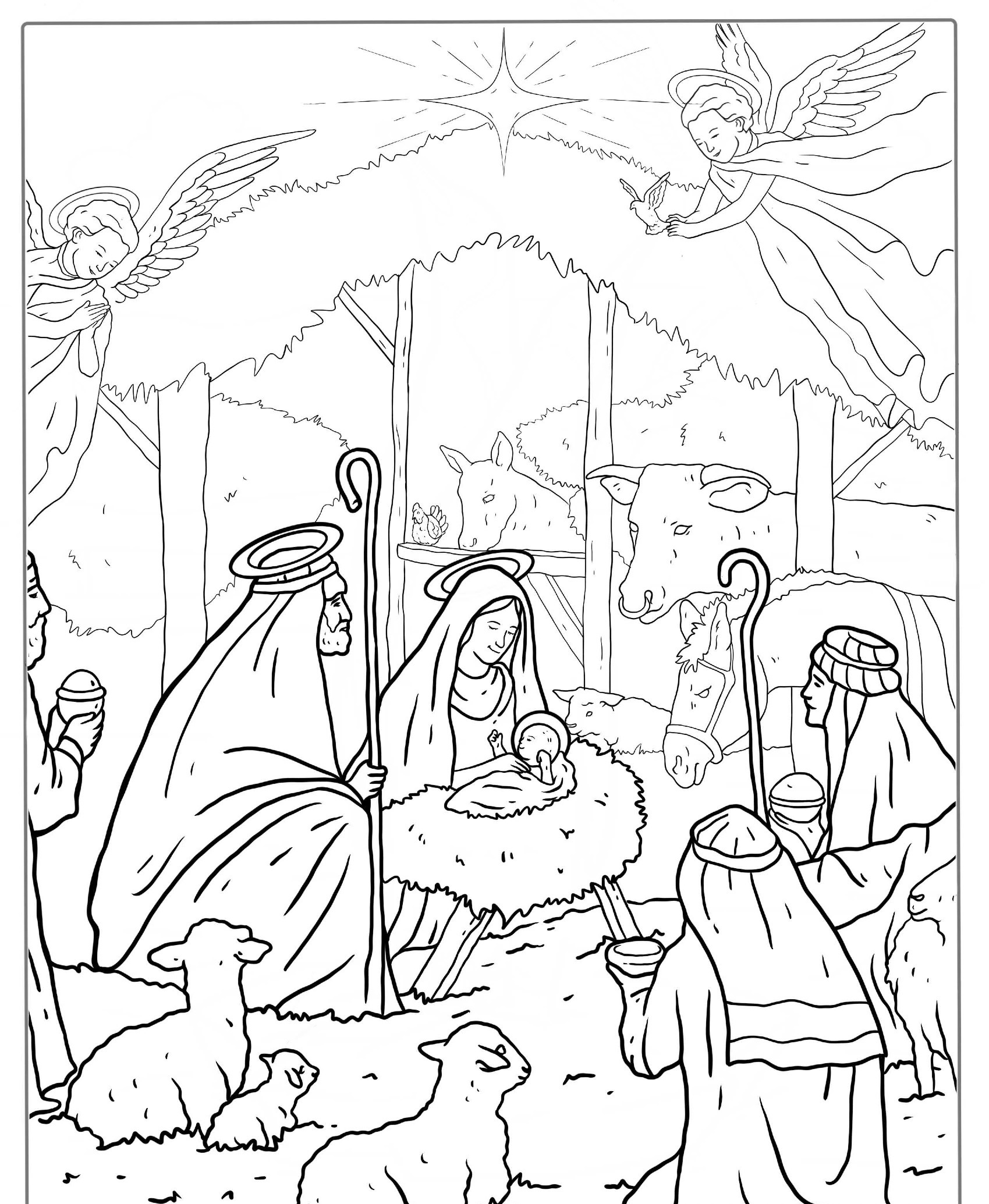 Natividade de Jesus com anjos e animais, desenho para colorir.