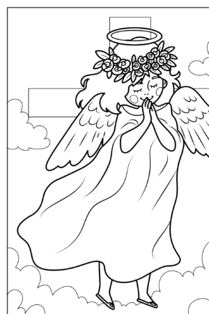 Desenho de anjo com auréola e asas para colorir