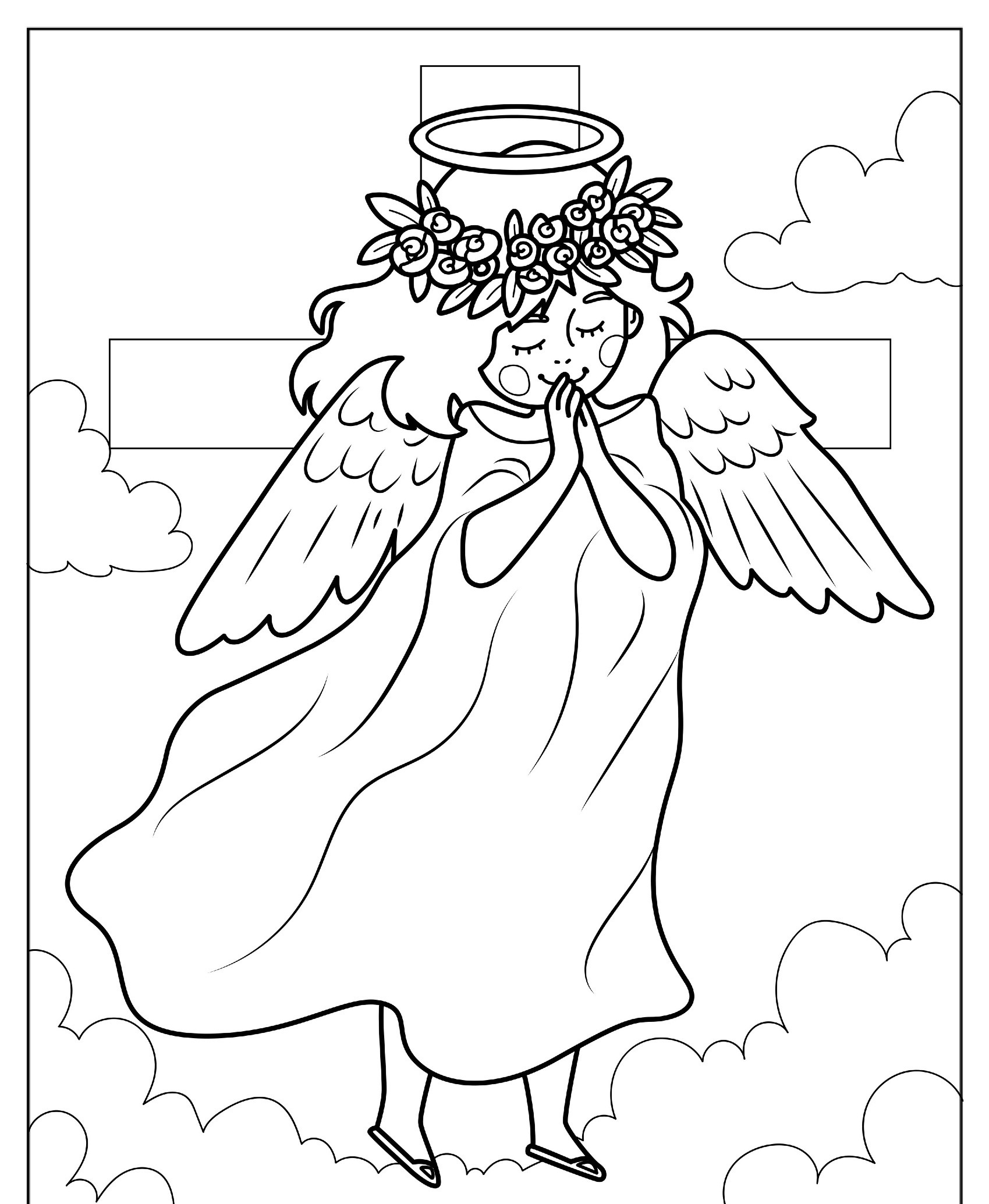 Desenho de anjo com auréola e asas para colorir