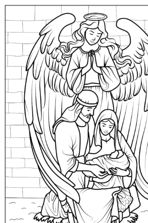 Família com bebê e anjo em um livro para colorir, detalhes do muro ao fundo.