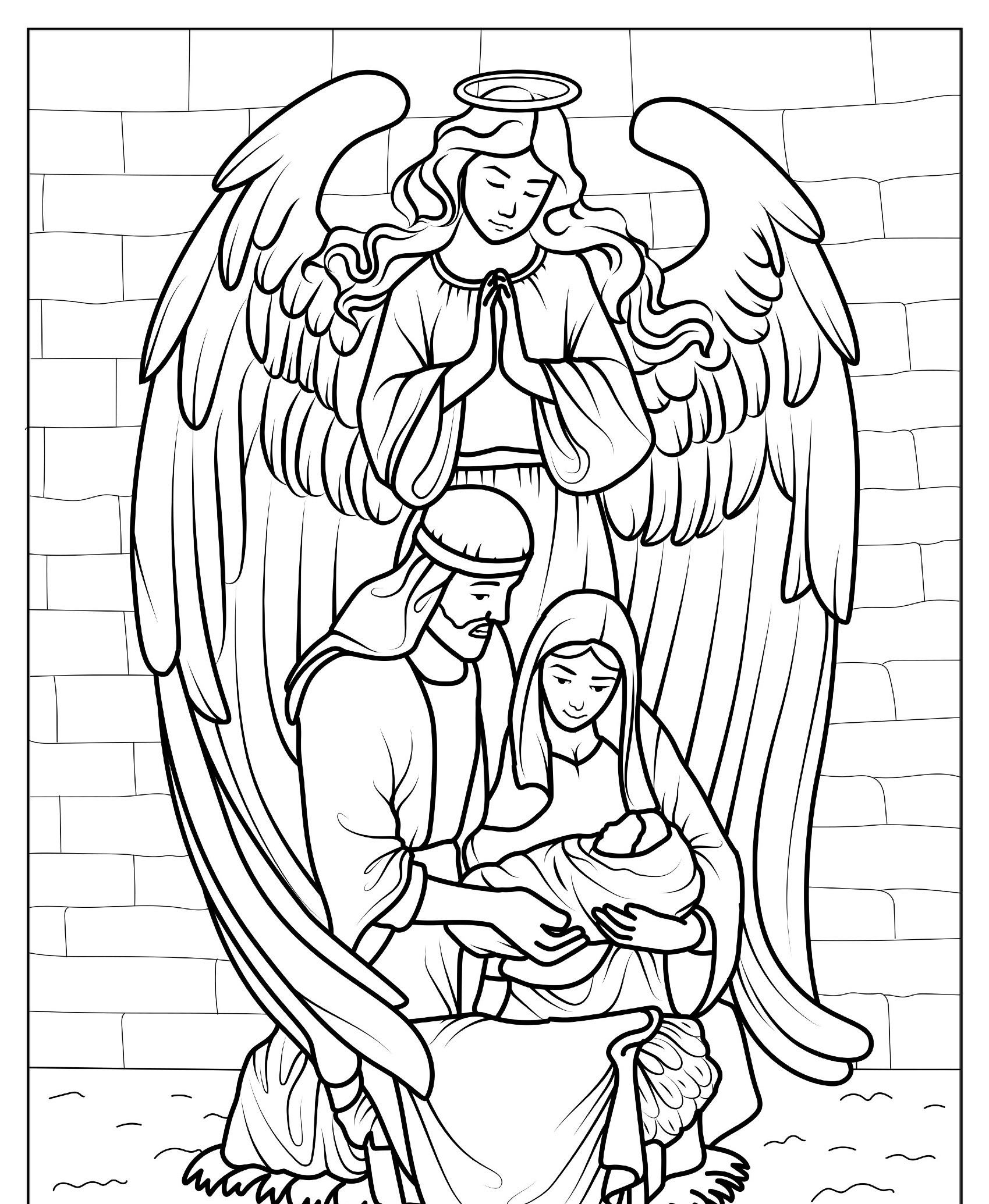 Família com bebê e anjo em um livro para colorir, detalhes do muro ao fundo.