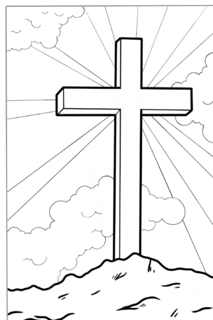 Desenho de um crucifixo com raios de luz para colorir.