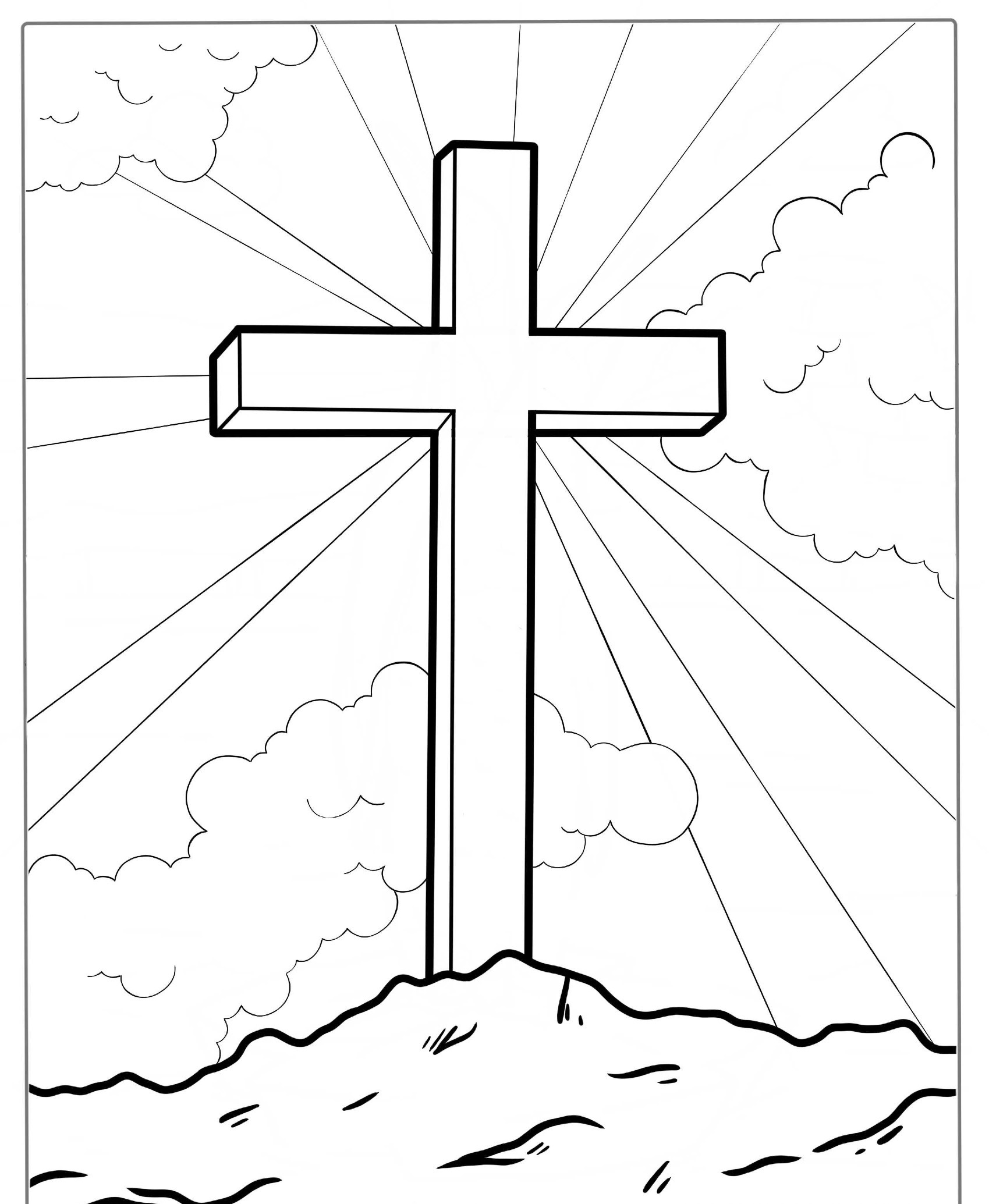 Desenho de um crucifixo com raios de luz para colorir.