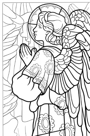 Desenho de anjo rezando para colorir, com asas detalhadas.