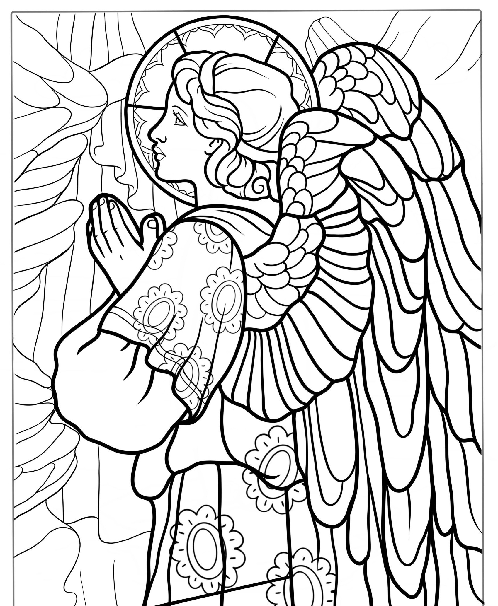 Desenho de anjo rezando para colorir, com asas detalhadas.