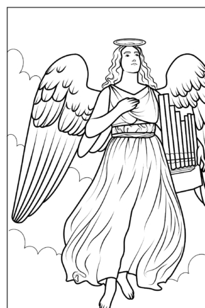 Anjo com auréola e asas, carregando um órgão, desenho para colorir.