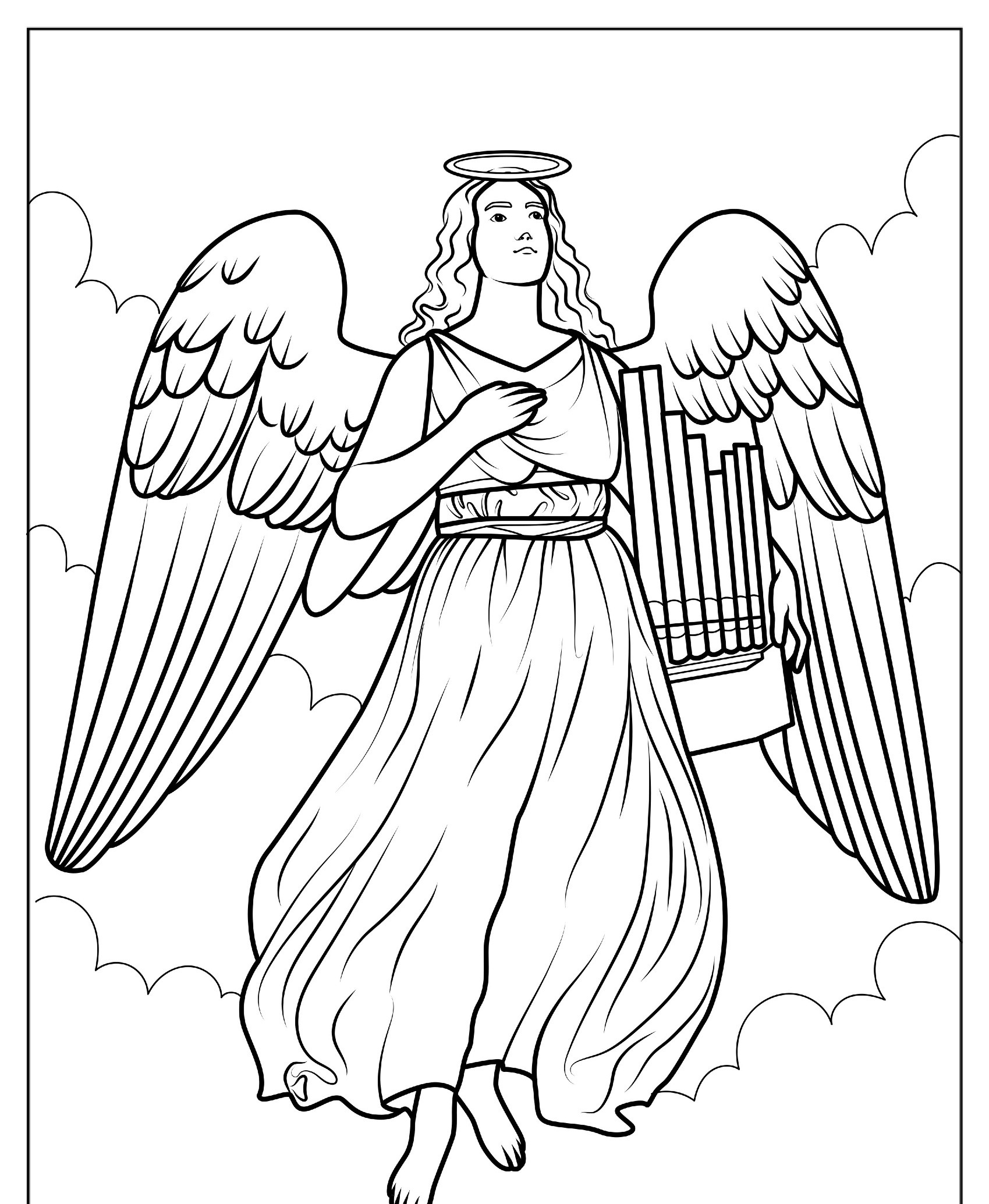 Anjo com auréola e asas, carregando um órgão, desenho para colorir.