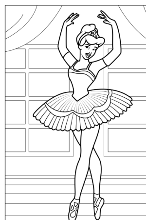 Desenho de bailarina para colorir, com tutu e ao fundo janela.