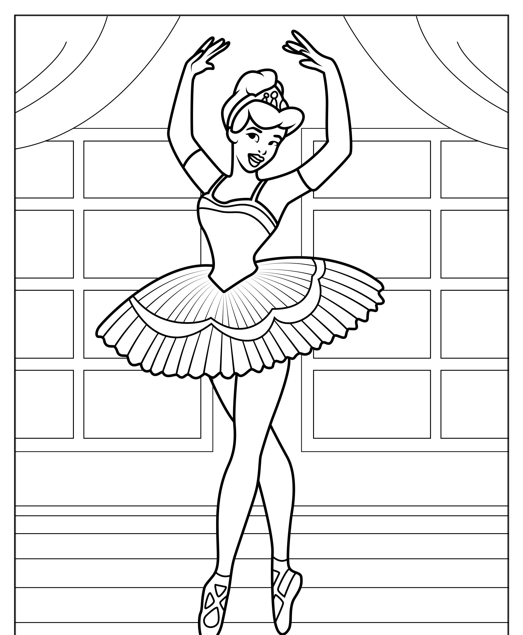 Desenho de bailarina para colorir, com tutu e ao fundo janela.