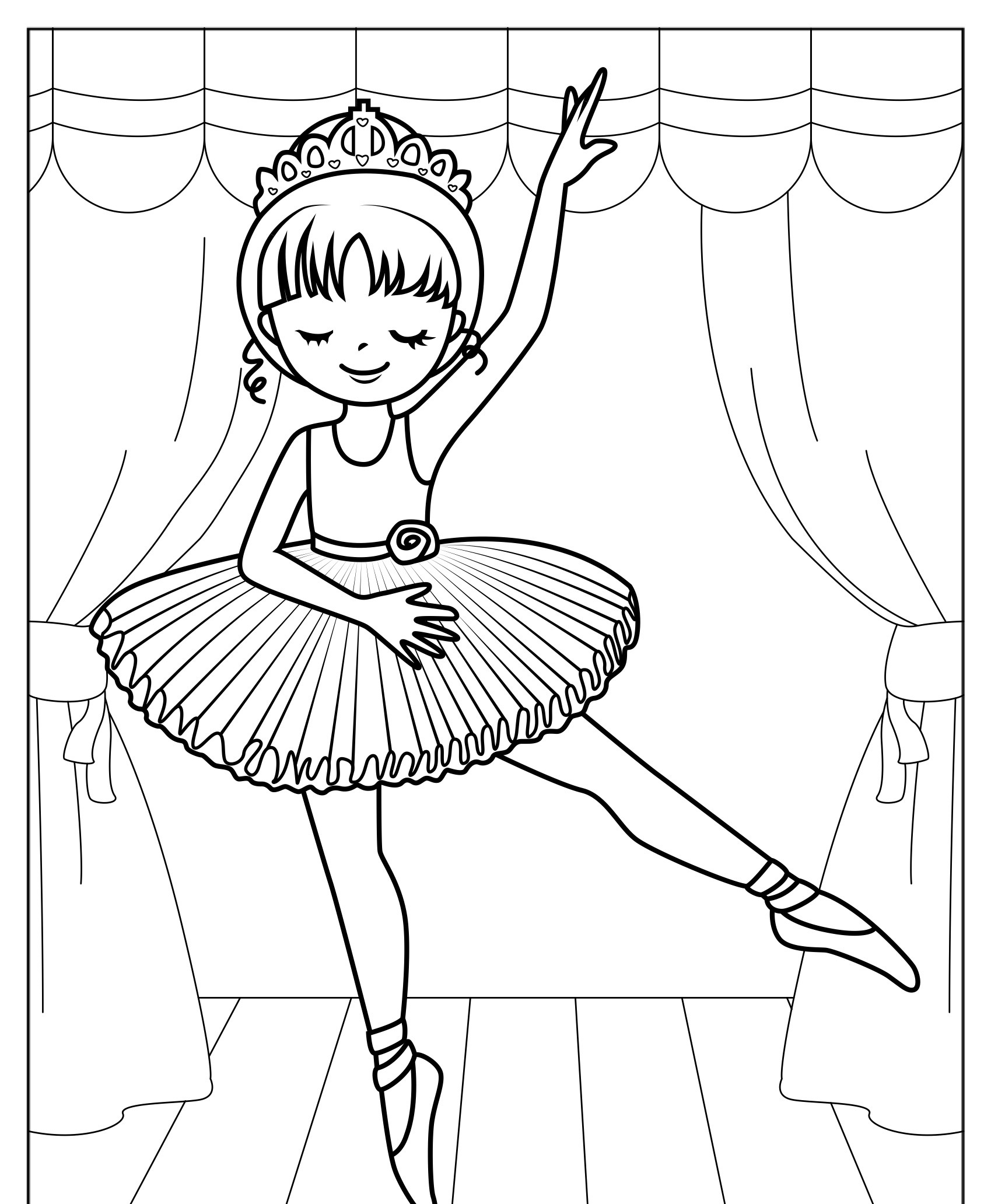 Desenho de bailarina dançando no palco para colorir.