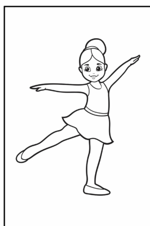 Desenho de bailarina equilibrando com uma perna erguida, para colorir.