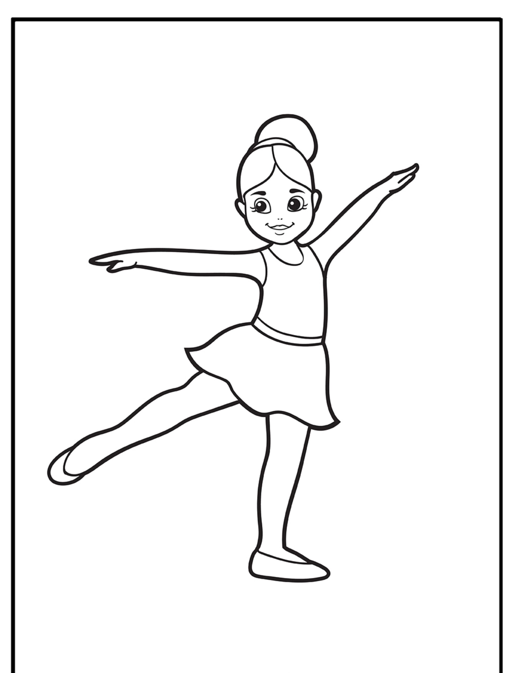 Desenho de bailarina equilibrando com uma perna erguida, para colorir.