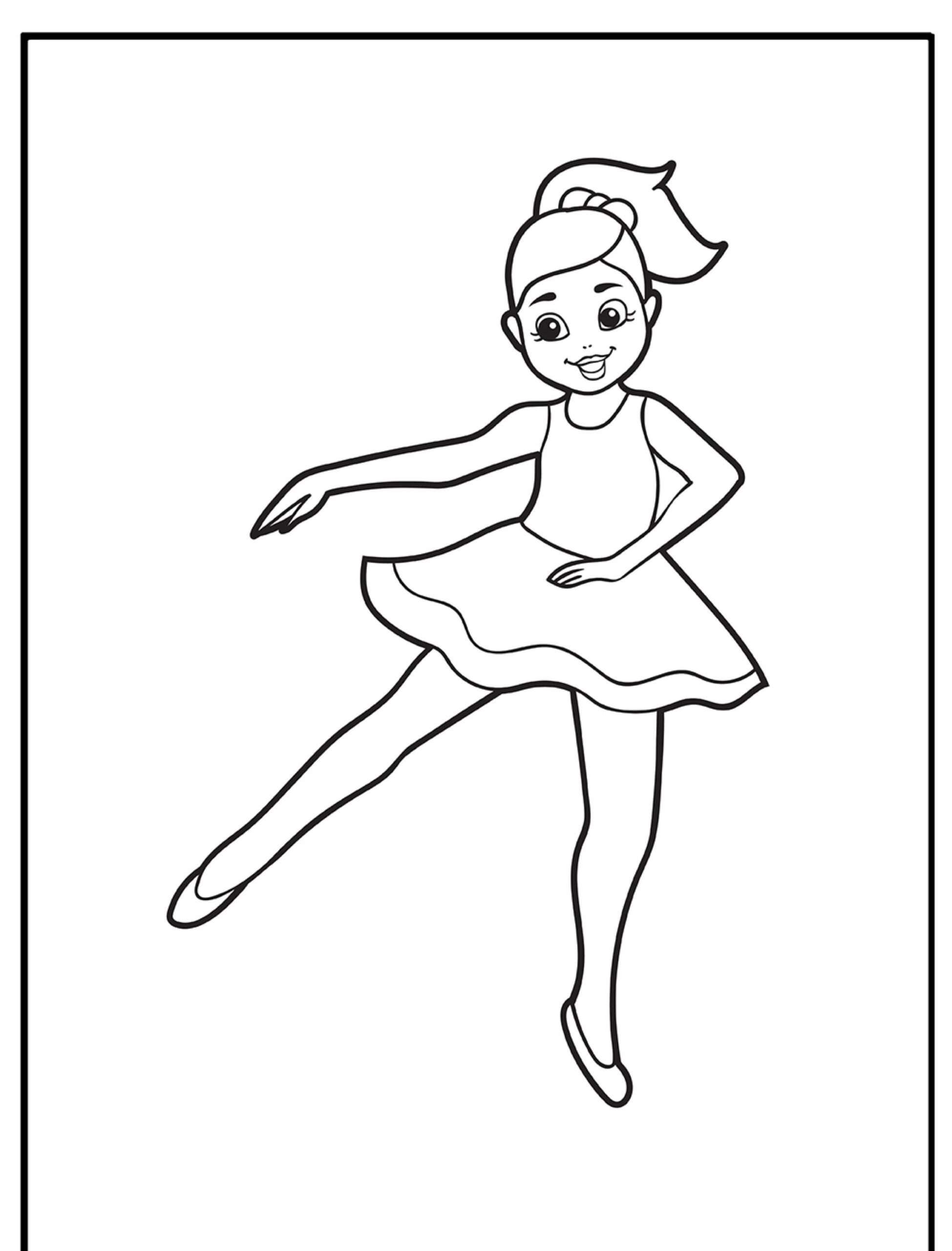 Desenho de bailarina para colorir, com vestido e rabo de cavalo.