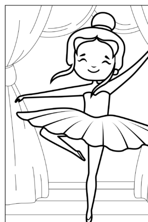 Desenho de bailarina dançando no palco para colorir, sorrindo.