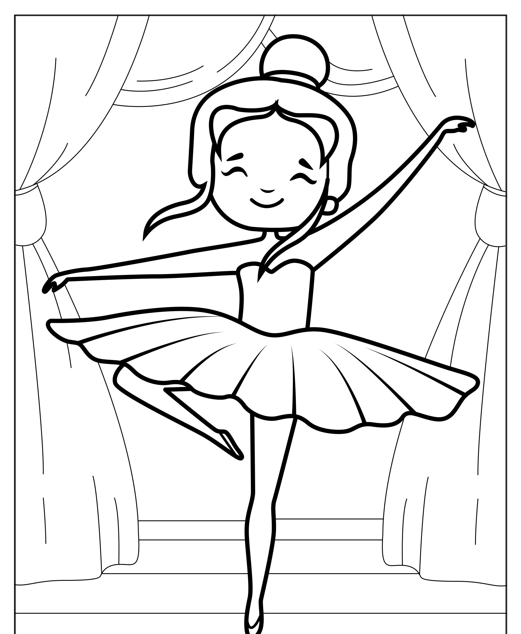 Desenho de bailarina dançando no palco para colorir, sorrindo.