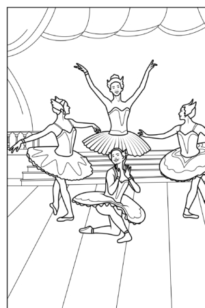 Desenho de quatro bailarinas em poses diferentes para colorir.