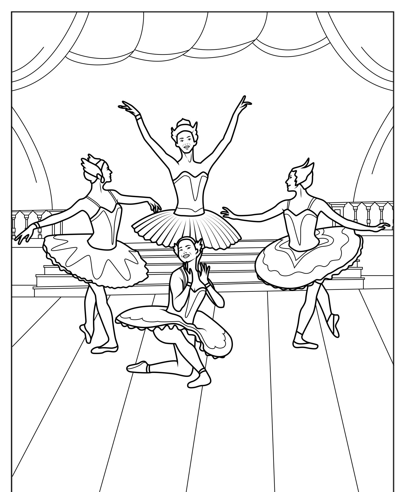 Desenho de quatro bailarinas em poses diferentes para colorir.