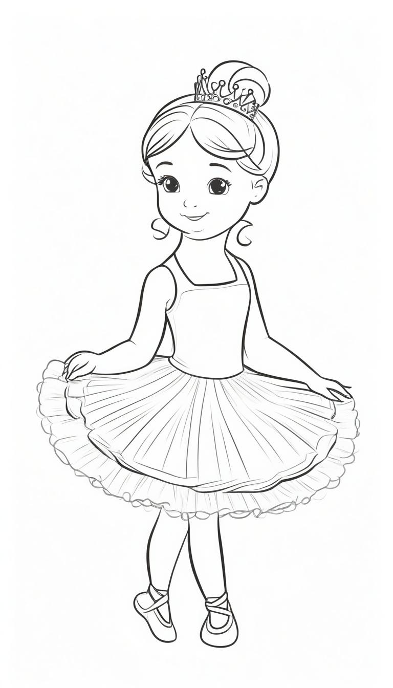 Desenho de bailarina com um tutu e tiara para colorir.