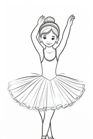 Desenho de bailarina com tutu e braço levantado para colorir.