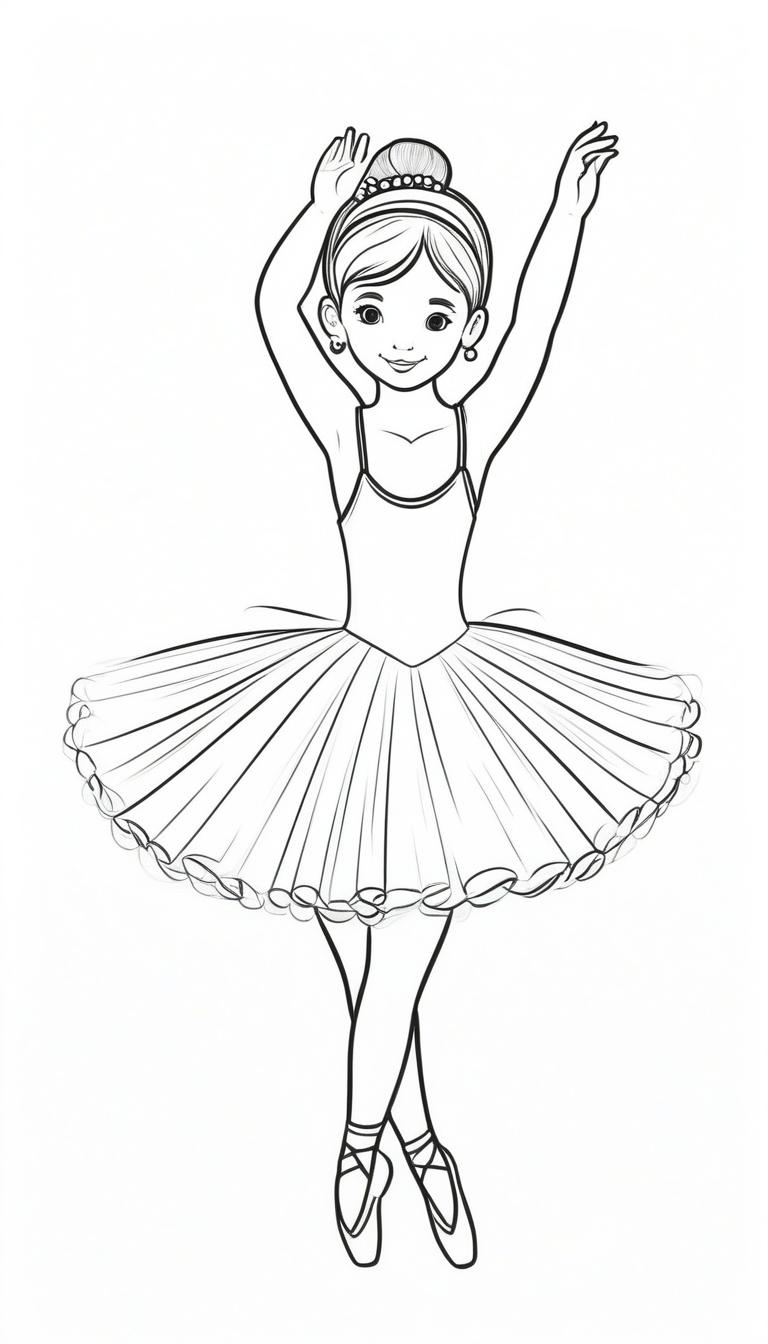 Desenho de bailarina com tutu e braço levantado para colorir.