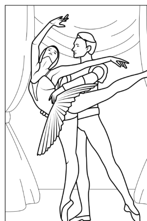 Desenho de bailarina e bailarino em pose. Página para colorir, fundo com cortinas.