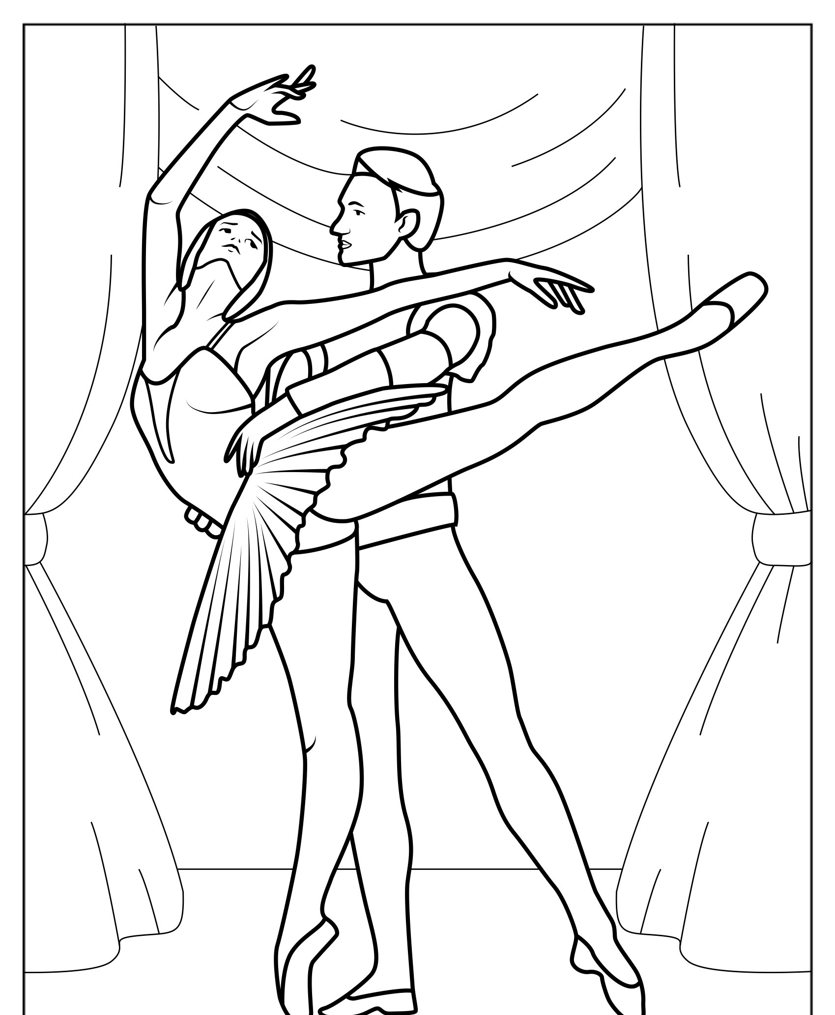 Desenho de bailarina e bailarino em pose. Página para colorir, fundo com cortinas.