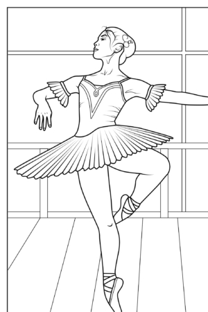 Desenho de bailarina dançando com saia tutu para colorir.