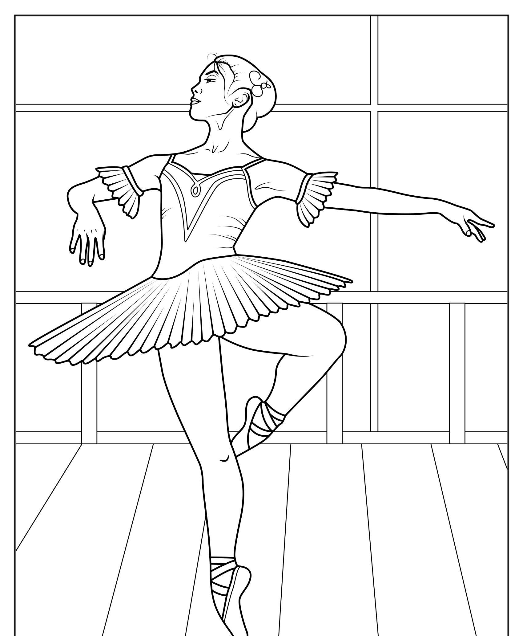 Desenho de bailarina dançando com saia tutu para colorir.