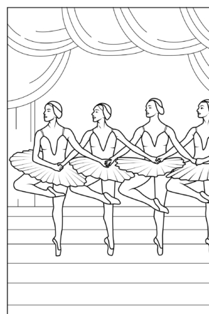 Quatro bailarinas no palco segurando mãos, vestidas com tutus. Desenho para colorir.