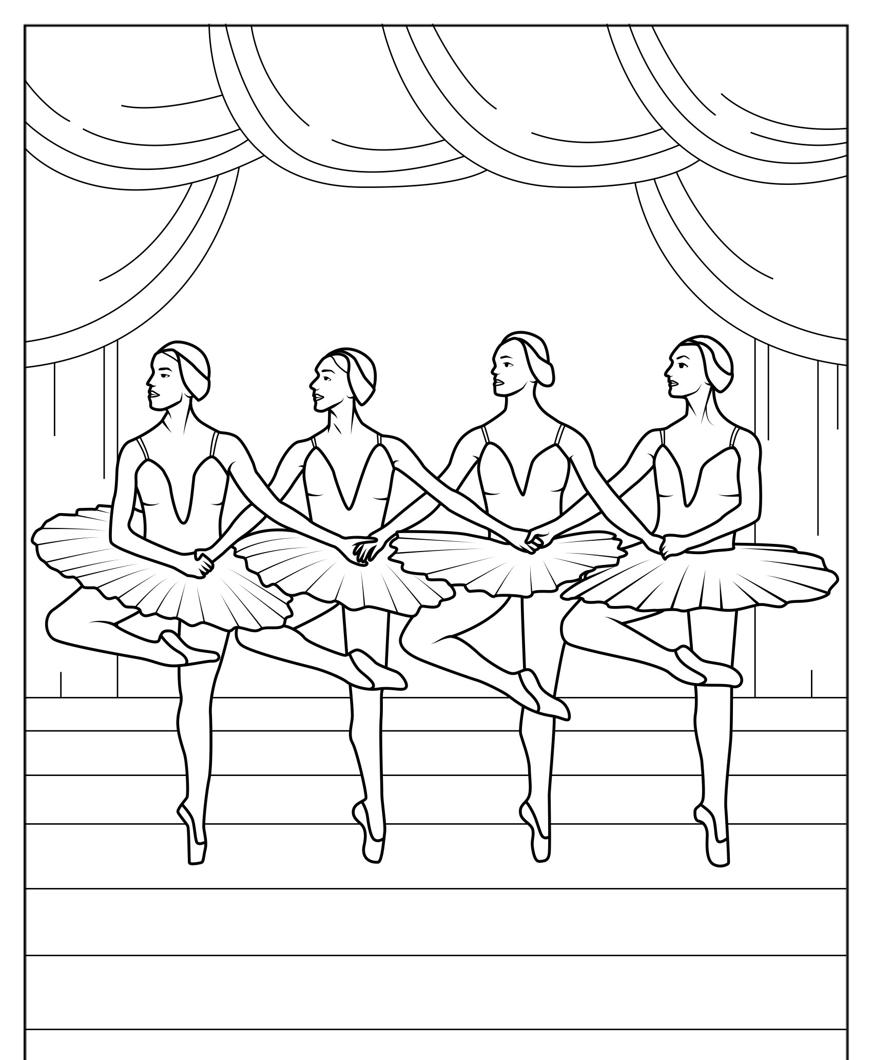 Quatro bailarinas no palco segurando mãos, vestidas com tutus. Desenho para colorir.