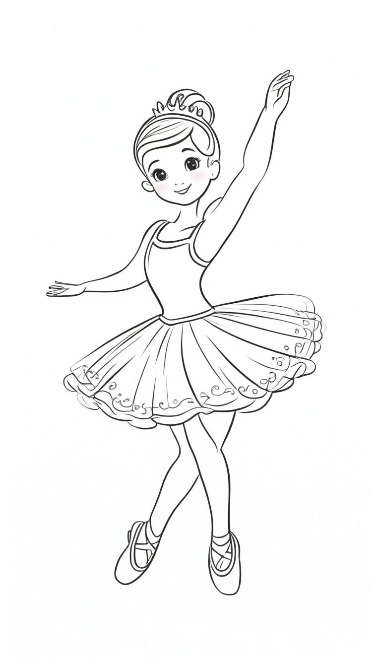 Desenho de bailarina para colorir, vestido com detalhes florais.