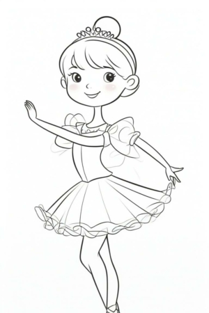 Desenho de uma bailarina dançando com vestido e tiara para colorir.