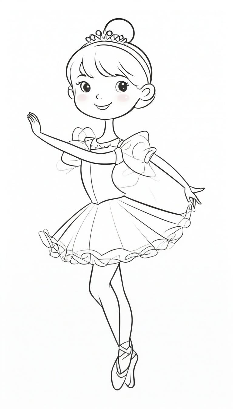 Desenho de uma bailarina dançando com vestido e tiara para colorir.