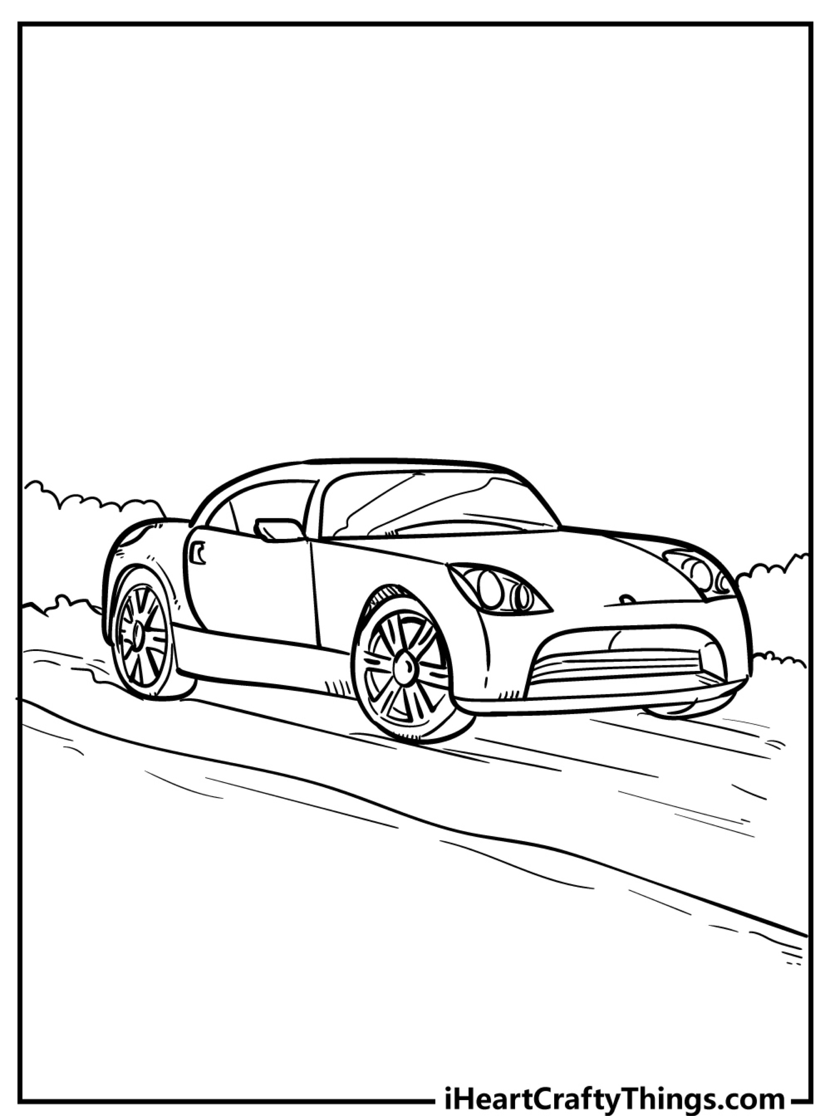 Desenho de carro esportivo em estrada para colorir.