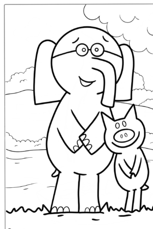 Desenho de elefante e porquinho abraçados para colorir, com paisagem.