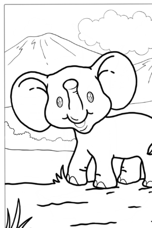 Desenho de elefante com montanhas ao fundo para colorir.