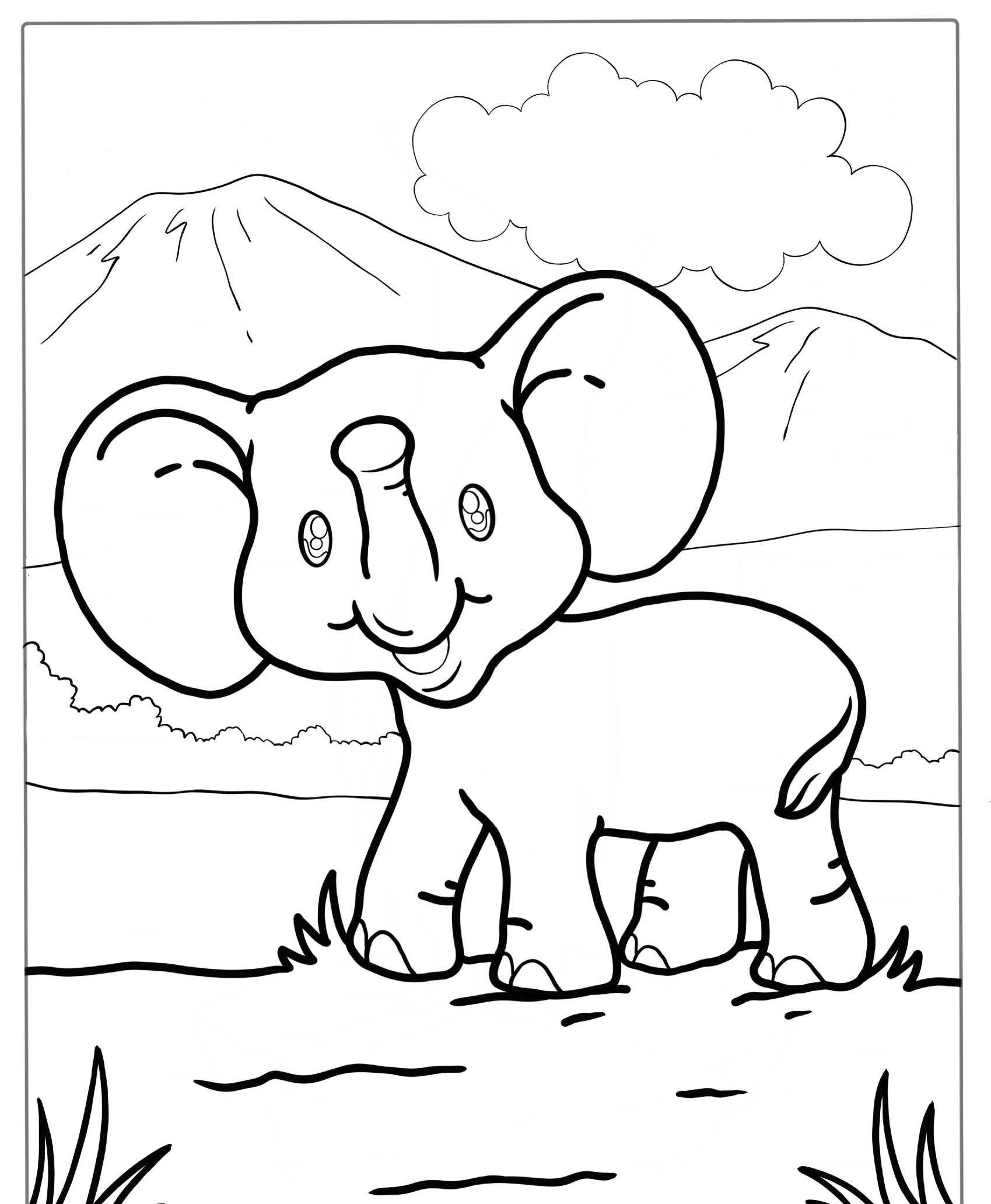 Desenho de elefante com montanhas ao fundo para colorir.