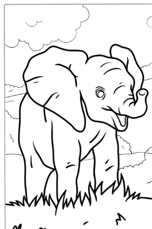 Desenho de elefante bebê para colorir, com cenário ao fundo.