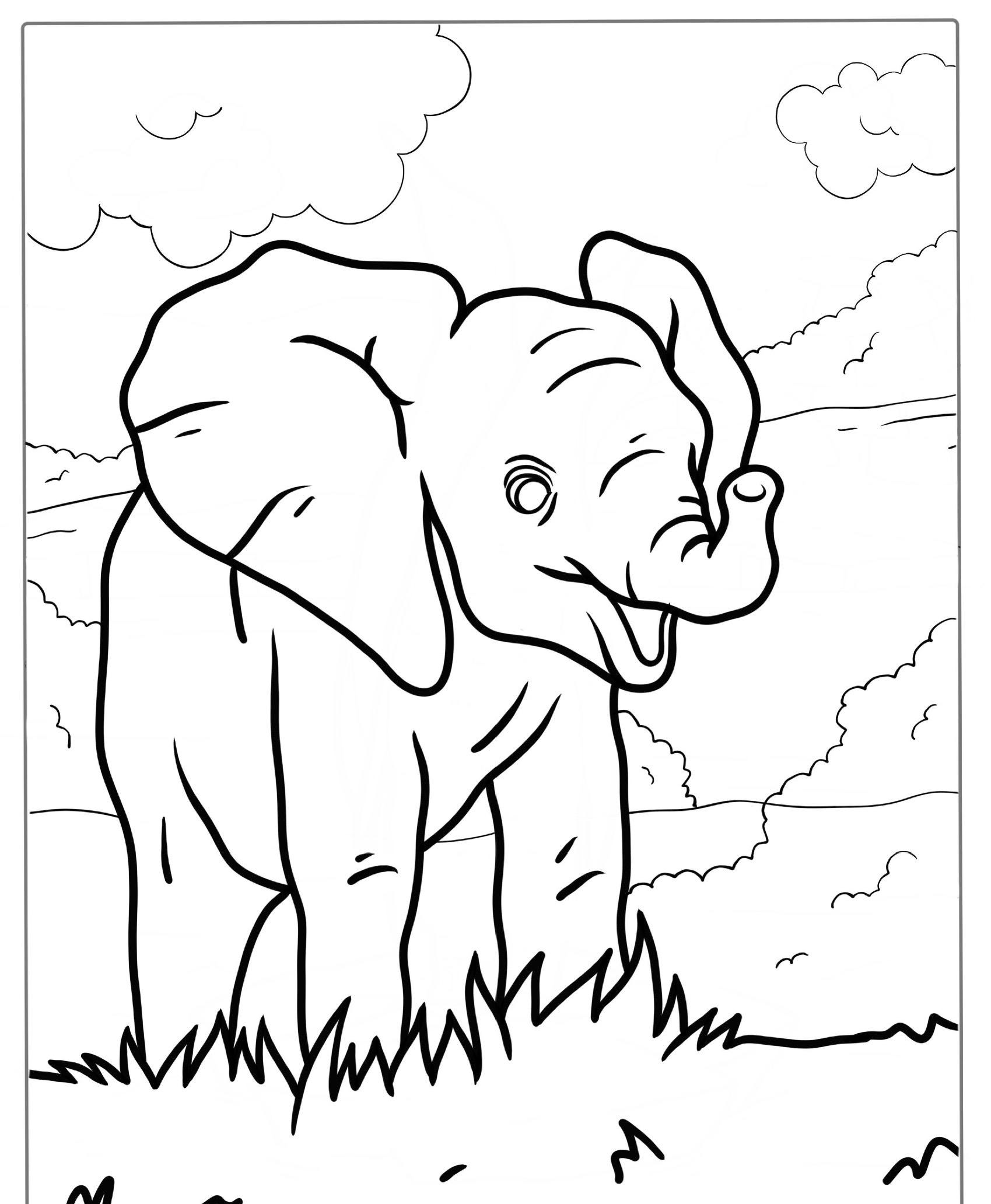 Desenho de elefante bebê para colorir, com cenário ao fundo.