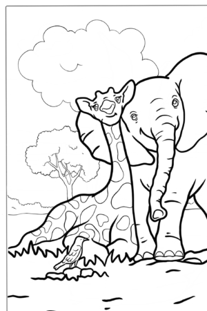 Desenho de girafa e elefante no campo para colorir.