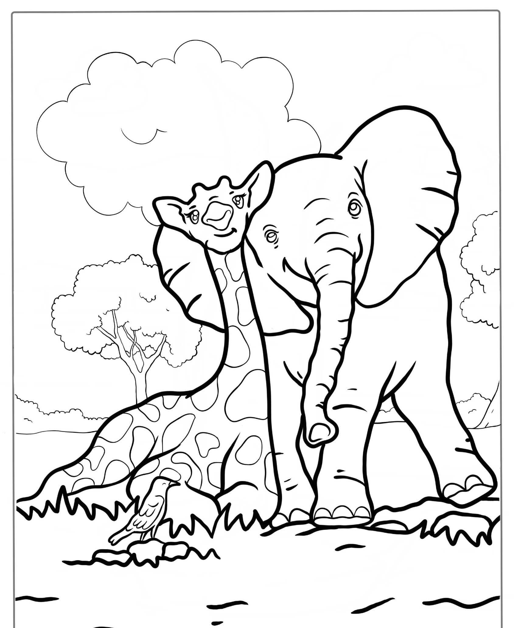 Desenho de girafa e elefante no campo para colorir.