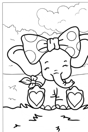 Elefante com laço grande, ao ar livre, desenho para colorir.