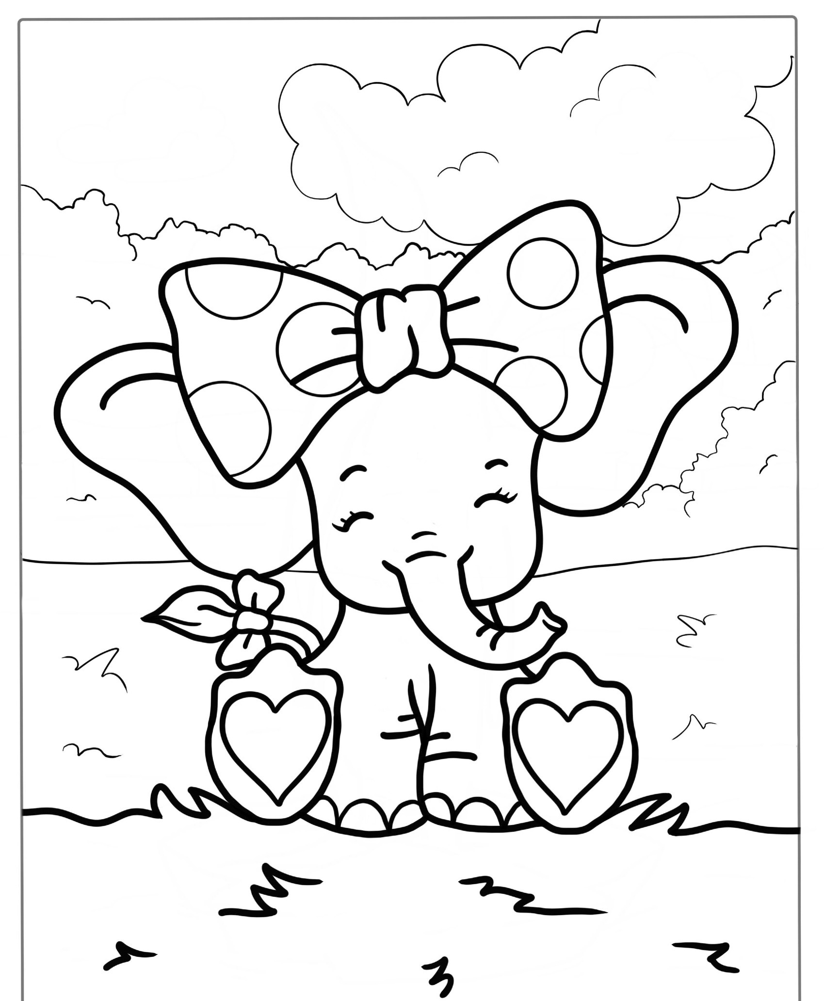 Elefante com laço grande, ao ar livre, desenho para colorir.