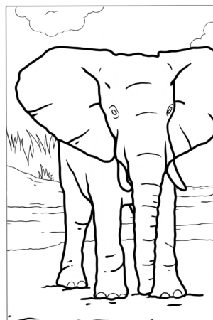 Desenho de um elefante em um cenário de savana, para colorir.