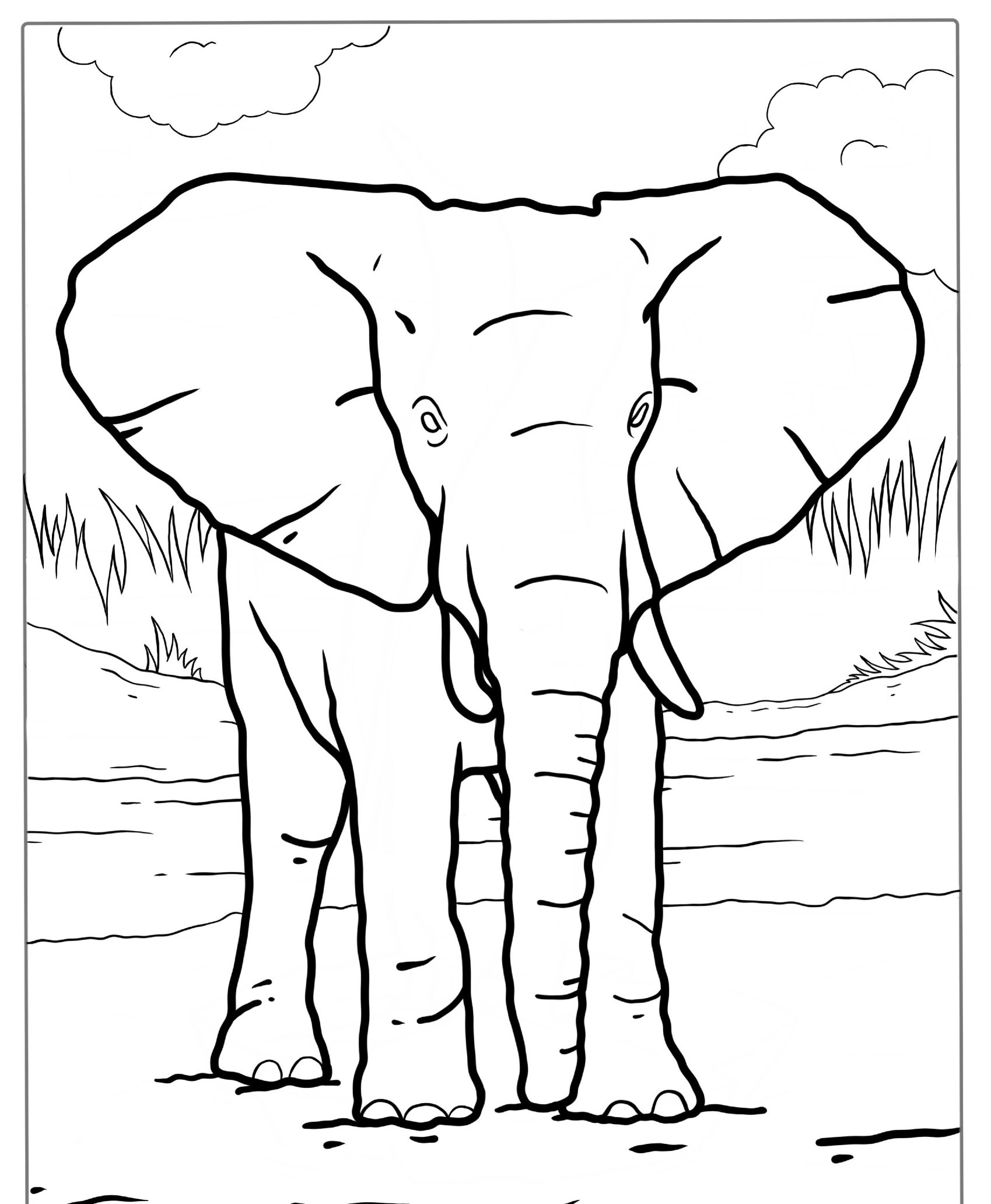 Desenho de um elefante em um cenário de savana, para colorir.