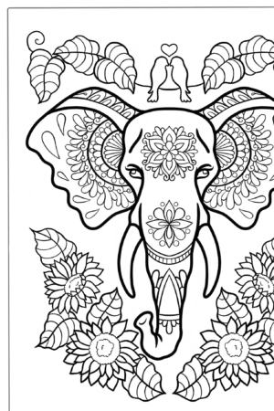 Desenho de elefante com flores e duas aves no topo para colorir.