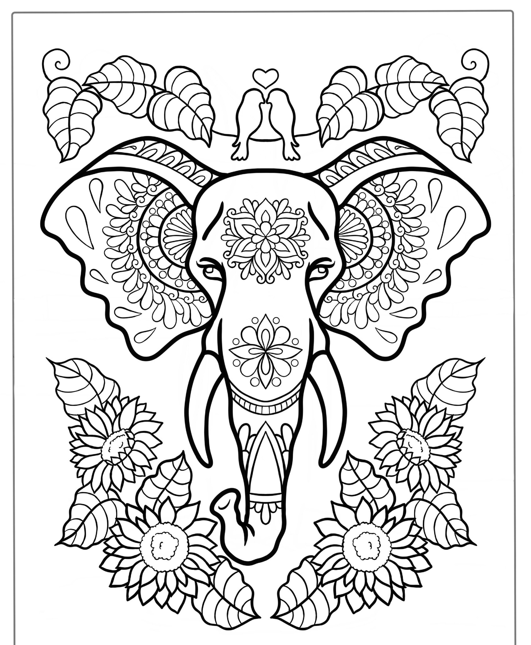 Desenho de elefante com flores e duas aves no topo para colorir.