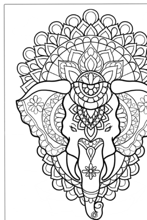 Desenho de elefante com detalhes florais para colorir.